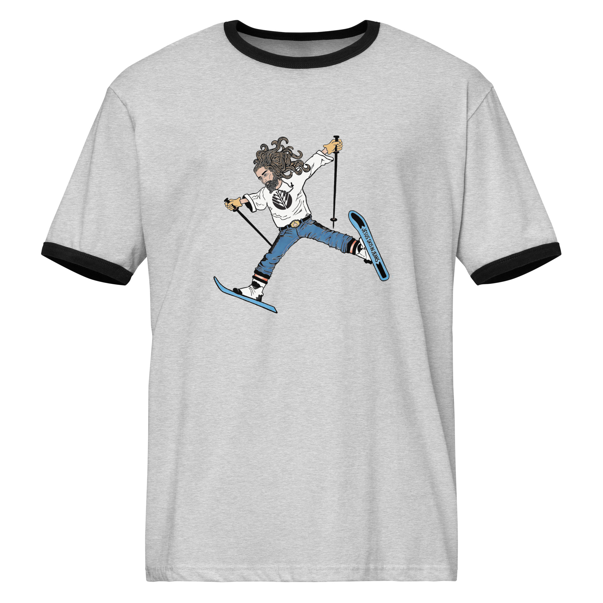 Jesus Skis In Jeans Shirt - Image 2
